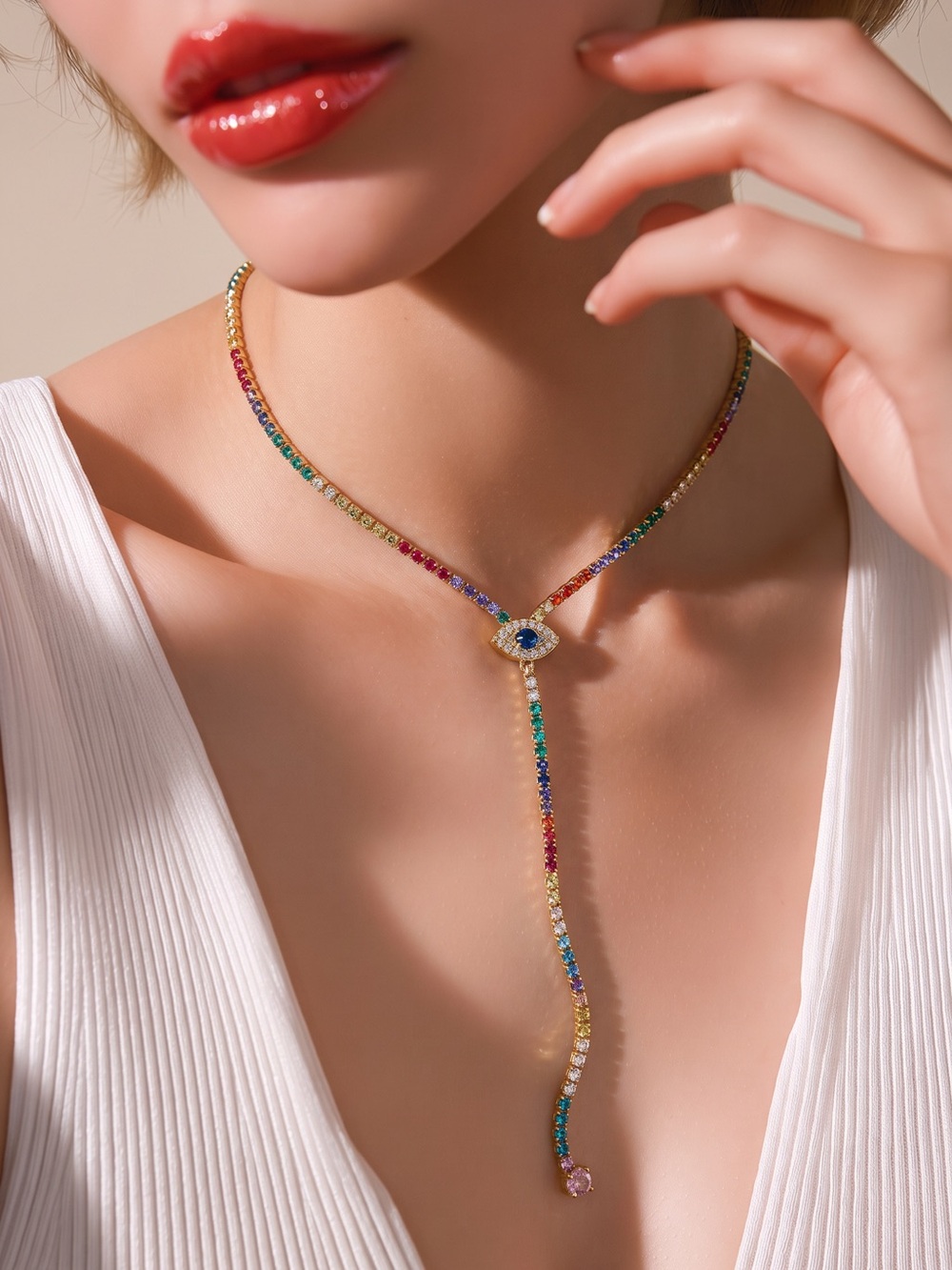 Colorful cubic zirconia evil eye long tear drip necklace.